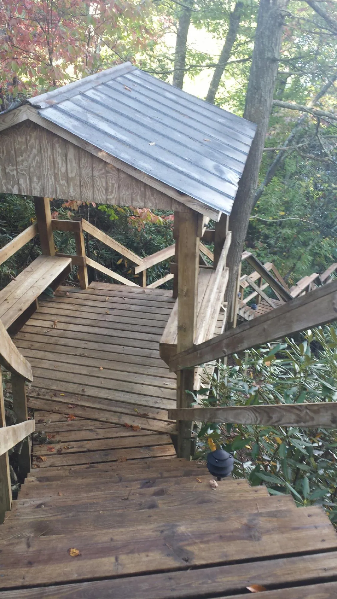 Metal roofed shelter over wooden steps on a wooded walkway — Skylight Repair & Installation work by our crew in Fort Myers Beach
